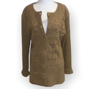 𝅺VINTAGE 100% wool long sleeves button down embroidered chunky knit cardigan M